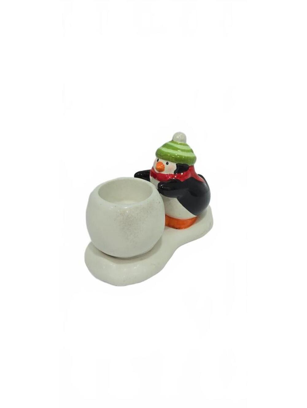 Hallmark Ceramic Penguin Candle Holder with Green Hat and Red Scarf